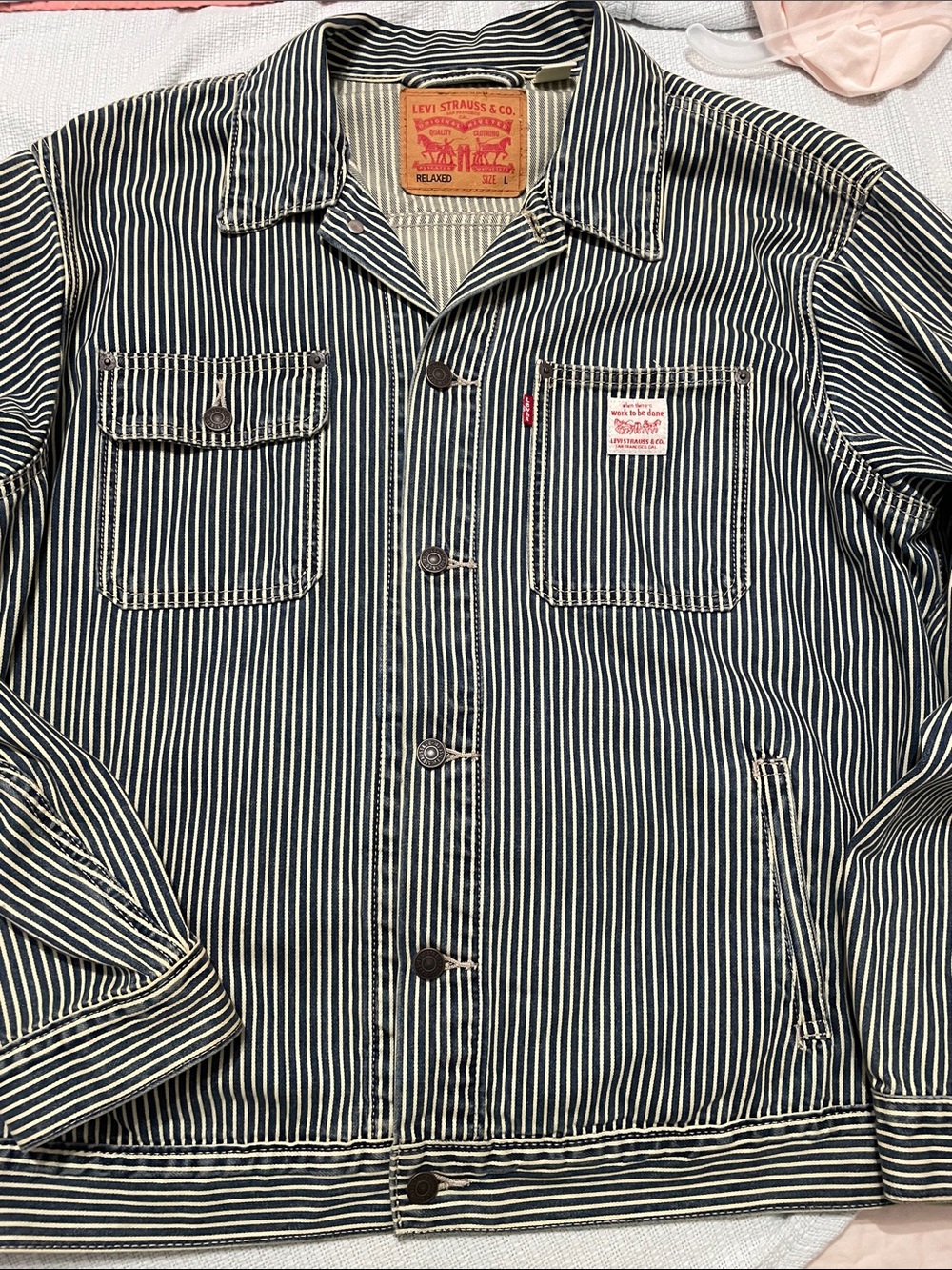 Levi's Blue & White Striped Chore Jacket with Red Patch